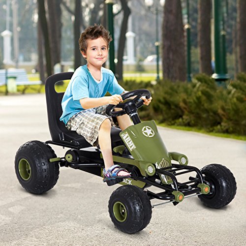 HOMCOM Go Kart Coche de Pedales Racing Deportivo con Asiento Ajustable Embrague y Freno para Niños 3-6 Años Carga 35kg 99x65x56cm Marco Acero Negro y Verde