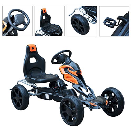 HOMCOM Go Kart Racing Deportivo Coche de Pedales para Niños +5 Años con Asiento Ajustable Embrague y Freno Ruedas de Goma 122x60x70cm Negro y Naranja