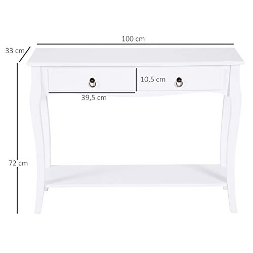 HOMCOM Mesa Consola Aparador Salón Comedor Mueble Recibidor Mesa Auxiliar con Cajones y Estante Diseño Elegante 100x33x76cm Madera Color Blanco Brillo