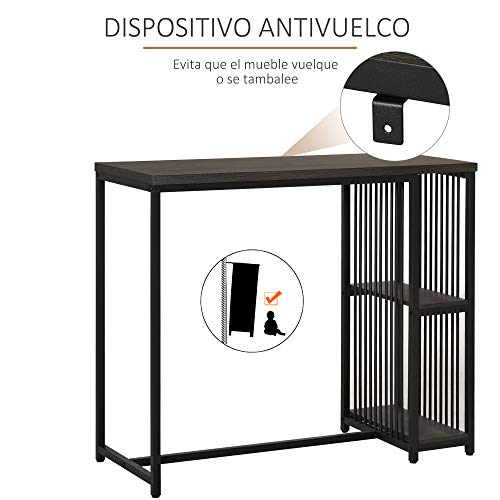 HOMCOM Mesa de Bar Bistro Mueble Auxiliar de Comedor Industrial con 2 Estantes y Dispositivo Antivuelco de Metal y Madera Carga 100 kg 120x50x100 cm Nogal