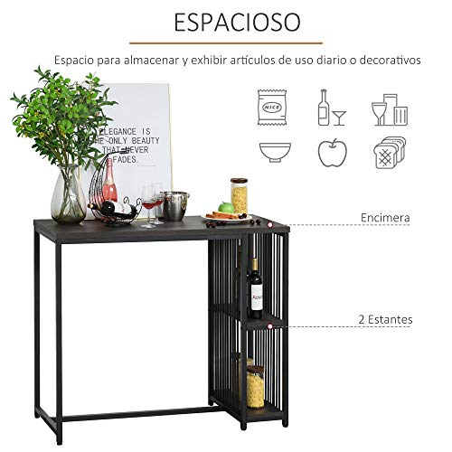 HOMCOM Mesa de Bar Bistro Mueble Auxiliar de Comedor Industrial con 2 Estantes y Dispositivo Antivuelco de Metal y Madera Carga 100 kg 120x50x100 cm Nogal