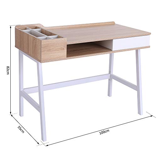 HOMCOM Mesa de Ordenador Escritorio de Computadora para Oficina Despacho Estudio con Cajón Estante Compartimientos de Almacenaje 100x55x81.5cm Madera y Metal