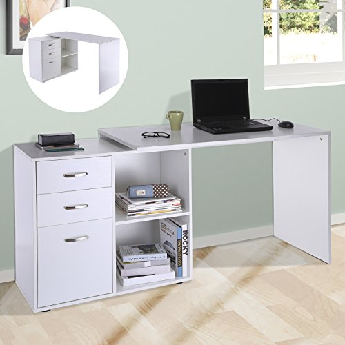 HOMCOM Mesa de Ordenador Escritorio Mesa Esquinera Oficina 2 Formas con 2 Estantes 3 Cajones Mesa de Despacho Escuela Estudio Madera Blanco HOMCOM Mesa de Ordenador Escritorio Mesa Esquinera Oficina 2 Formas con 2 Estantes 3 Cajones Mesa de Despacho Escuela Estudio Madera Blanco
