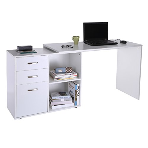 HOMCOM Mesa de Ordenador Escritorio Mesa Esquinera Oficina 2 Formas con 2 Estantes 3 Cajones Mesa de Despacho Escuela Estudio Madera Blanco HOMCOM Mesa de Ordenador Escritorio Mesa Esquinera Oficina 2 Formas con 2 Estantes 3 Cajones Mesa de Despacho Escuela Estudio Madera Blanco