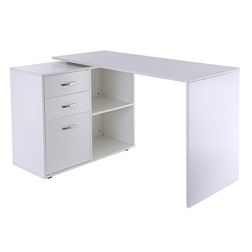 HOMCOM Mesa de Ordenador Escritorio Mesa Esquinera Oficina 2 Formas con 2 Estantes 3 Cajones Mesa de Despacho Escuela Estudio Madera Blanco