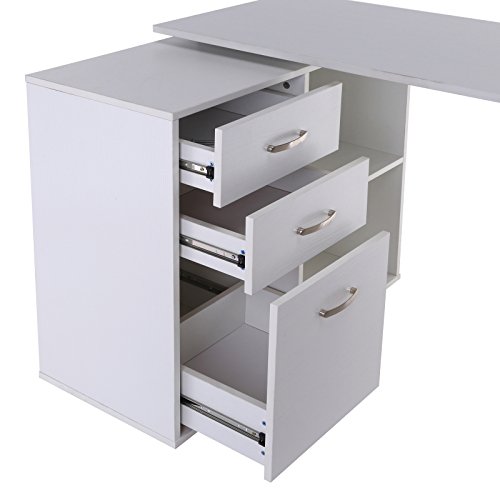 HOMCOM Mesa de Ordenador Escritorio Mesa Esquinera Oficina 2 Formas con 2 Estantes 3 Cajones Mesa de Despacho Escuela Estudio Madera Blanco HOMCOM Mesa de Ordenador Escritorio Mesa Esquinera Oficina 2 Formas con 2 Estantes 3 Cajones Mesa de Despacho Escuela Estudio Madera Blanco