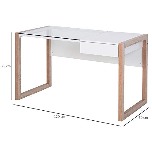 HOMCOM Mesa de Ordenador Mesa de Escritorio Diseño Moderno con Tablero de Vidrio Templado Cajón Combinación de Estilos para Oficina Estudio 120x60x75 cm Blanco