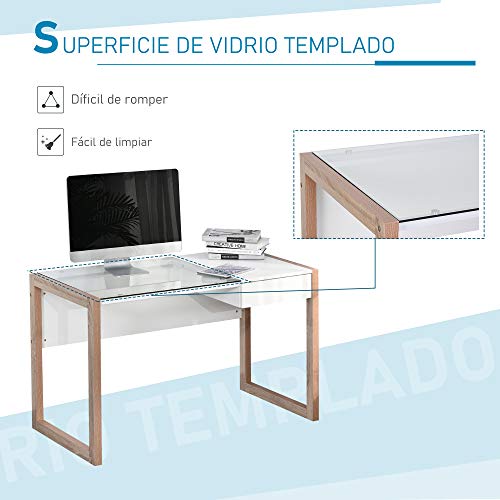 HOMCOM Mesa de Ordenador Mesa de Escritorio Diseño Moderno con Tablero de Vidrio Templado Cajón Combinación de Estilos para Oficina Estudio 120x60x75 cm Blanco