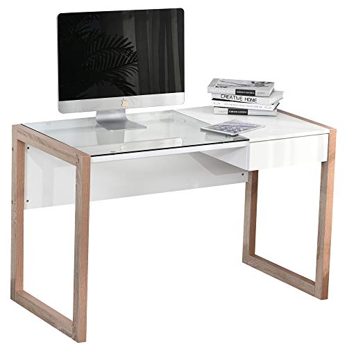 HOMCOM Mesa de Ordenador Mesa de Escritorio Diseño Moderno con Tablero de Vidrio Templado Cajón Combinación de Estilos para Oficina Estudio 120x60x75 cm Blanco