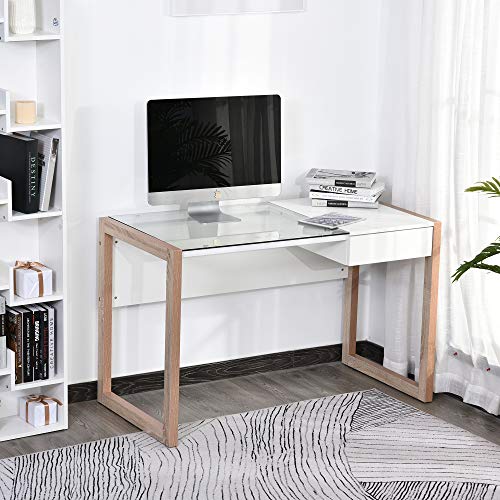 HOMCOM Mesa de Ordenador Mesa de Escritorio Diseño Moderno con Tablero de Vidrio Templado Cajón Combinación de Estilos para Oficina Estudio 120x60x75 cm Blanco