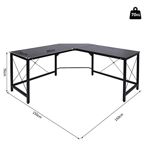 HOMCOM Mesa de Ordenador PC Escritorio para Oficina Hogar Tipo Mesa Esquinera Forma L Marco Acero 150x150x76cm