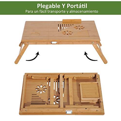 HOMCOM Mesa de Ordenador Portátil Bambú Bandeja de Cama Desayuno Plegable Reclinable Altura Ajustable Soporte Escritorio de regazo 1 Cajón 55x35x22-30cm HOMCOM Mesa de Ordenador Portátil Bambú Bandeja de Cama Desayuno Plegable Reclinable Altura Ajustable Soporte Escritorio de regazo 1 Cajón 55x35x22-30cm