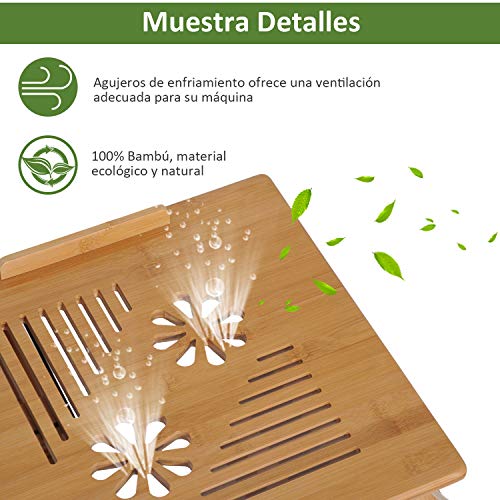 HOMCOM Mesa de Ordenador Portátil Bambú Bandeja de Cama Desayuno Plegable Reclinable Altura Ajustable Soporte Escritorio de regazo 1 Cajón 55x35x22-30cm