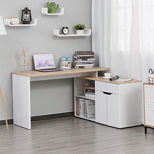 HOMCOM Mesa Escritorio Múltiples Posiciones Mesa de Ordenador Esquinera Forma de L con Cajón Estantes Abiertos Armario 140x117x76 cm Blanco y Madera