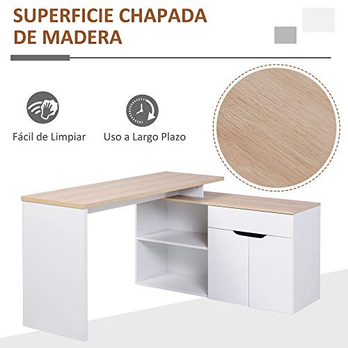 HOMCOM Mesa Escritorio Múltiples Posiciones Mesa de Ordenador Esquinera Forma de L con Cajón Estantes Abiertos Armario 140x117x76 cm Blanco y Madera