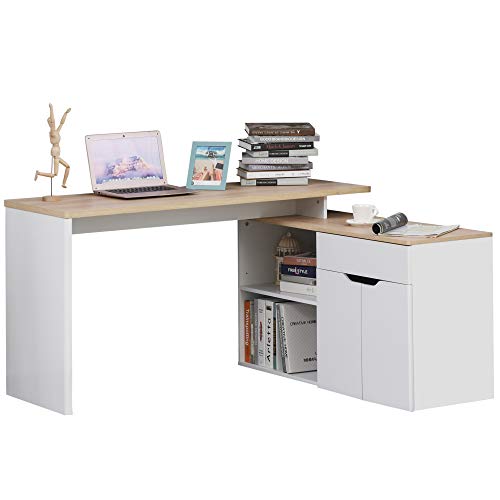 HOMCOM Mesa Escritorio Múltiples Posiciones Mesa de Ordenador Esquinera Forma de L con Cajón Estantes Abiertos Armario 140x117x76 cm Blanco y Madera