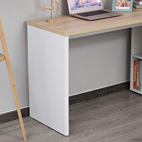 HOMCOM Mesa Escritorio Múltiples Posiciones Mesa de Ordenador Esquinera Forma de L con Cajón Estantes Abiertos Armario 140x117x76 cm Blanco y Madera