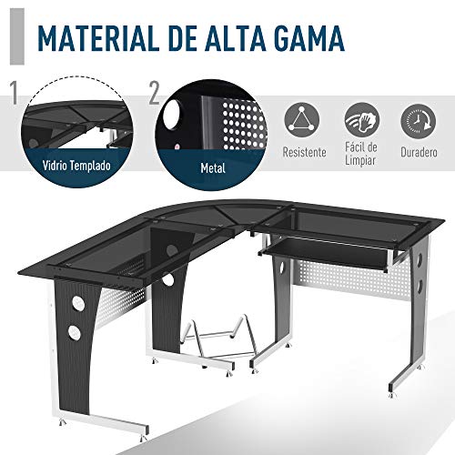 HOMCOM Mesa Esquinera PC Escritorio Ordenador Oficina Dormitorio Hogar Escuela Metal Madera Vidrio de Seguridad