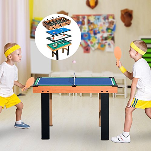 HOMCOM Mesa Multijuegos 4 en 1 Incluye Futbolín Air Hockey Ping-Pong y Billar Juguete de Madera para Niños y Adultos 87x43x73cm