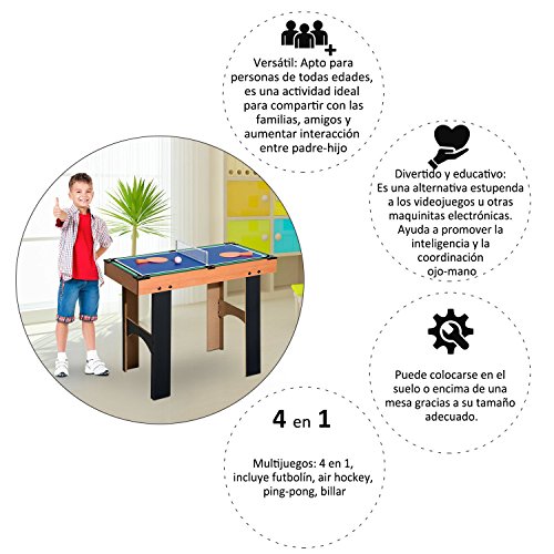 HOMCOM Mesa Multijuegos 4 en 1 Incluye Futbolín Air Hockey Ping-Pong y Billar Juguete de Madera para Niños y Adultos 87x43x73cm