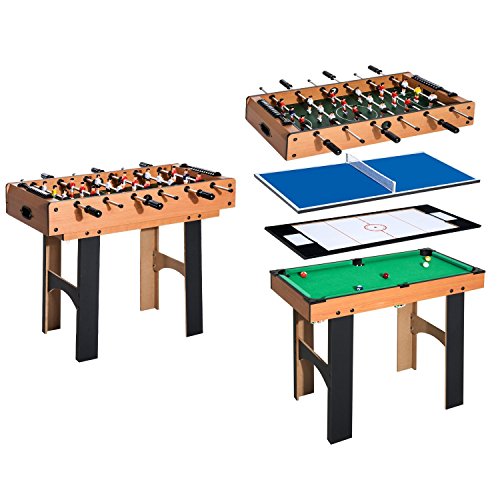 HOMCOM Mesa Multijuegos 4 en 1 Incluye Futbolín Air Hockey Ping-Pong y Billar Juguete de Madera para Niños y Adultos 87x43x73cm