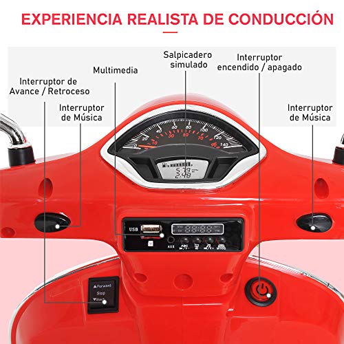 HOMCOM Moto Eléctrica Infantil Coche Triciclo Vespa Scooter Eléctrico a Batería con Luz MP3 USB Bocina para Niños Más de 3 Años Carga 25kg