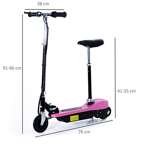 HOMCOM Patinete Eléctrico Plegable para Niño E-Scooter Batería 120W Manillar Asiento Ajustable Freno Pie de Apoyo para Adolescentes Rosa