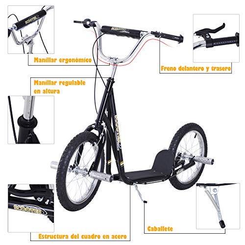 HOMCOM Patinete Scooter 2 Ruedas 16 Pulgadas 4 PEGS Estribos Freno Caballete para Niños Mayores de 5 Años Carga 100 kg Color Negro