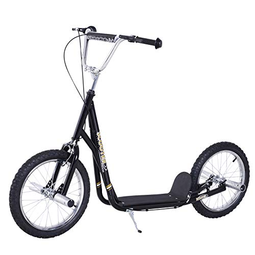 HOMCOM Patinete Scooter 2 Ruedas 16 Pulgadas 4 PEGS Estribos Freno Caballete para Niños Mayores de 5 Años Carga 100 kg Color Negro