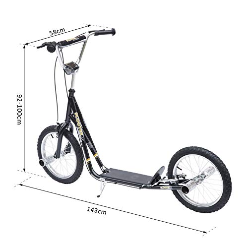 HOMCOM Patinete Scooter 2 Ruedas 16 Pulgadas 4 PEGS Estribos Freno Caballete para Niños Mayores de 5 Años Carga 100 kg Color Negro