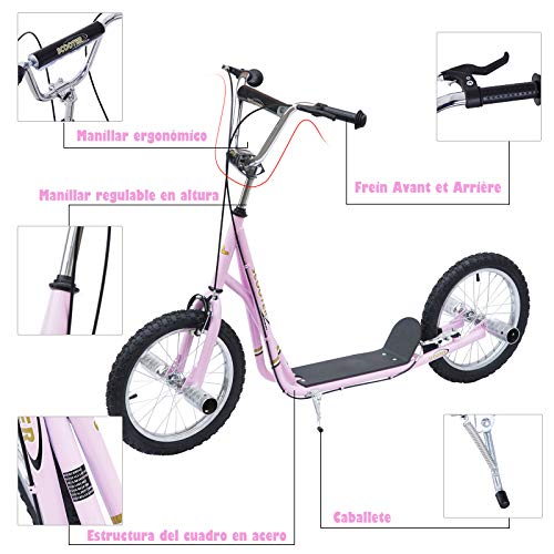 HOMCOM Patinete Scooter 2 Ruedas 16 Pulgadas Monopatín para Niños y Adultos Manillar Ajustable con 2 Frenos y Caballete Carga 100kg 143x58x92-100cm Rosa HOMCOM Patinete Scooter 2 Ruedas 16 Pulgadas Monopatín para Niños y Adultos Manillar Ajustable con 2 Frenos y Caballete Carga 100kg 143x58x92-100cm Rosa