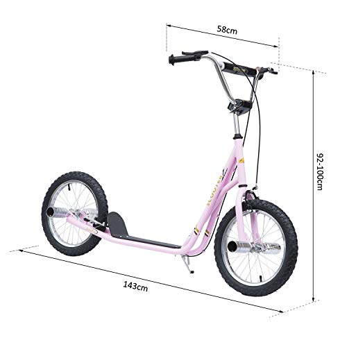 HOMCOM Patinete Scooter 2 Ruedas 16 Pulgadas Monopatín para Niños y Adultos Manillar Ajustable con 2 Frenos y Caballete Carga 100kg 143x58x92-100cm Rosa HOMCOM Patinete Scooter 2 Ruedas 16 Pulgadas Monopatín para Niños y Adultos Manillar Ajustable con 2 Frenos y Caballete Carga 100kg 143x58x92-100cm Rosa