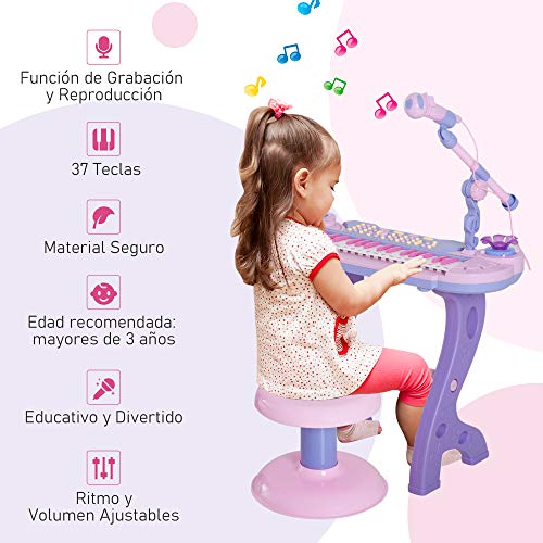 HOMCOM Piano Infantil 37 Teclas Teclado Electrónico Juego de Piano Regalo Juguete Educativo para Niños +3 Años con Micrófono Taburete Luces y 22 Canciones USB/MP3 Karaoke Rosa