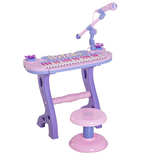 HOMCOM Piano Infantil 37 Teclas Teclado Electrónico Juego de Piano Regalo Juguete Educativo para Niños +3 Años con Micrófono Taburete Luces y 22 Canciones USB/MP3 Karaoke Rosa