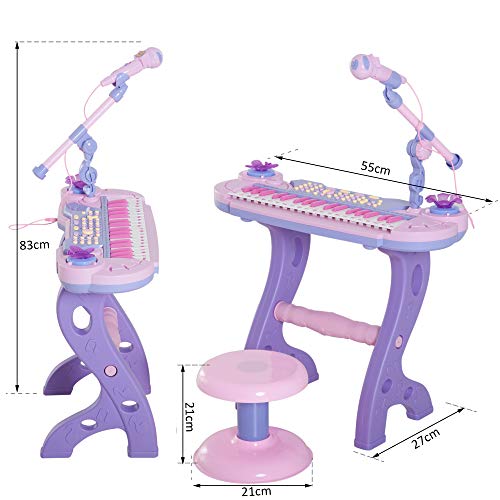 HOMCOM Piano Infantil 37 Teclas Teclado Electrónico Juego de Piano Regalo Juguete Educativo para Niños +3 Años con Micrófono Taburete Luces y 22 Canciones USB/MP3 Karaoke Rosa