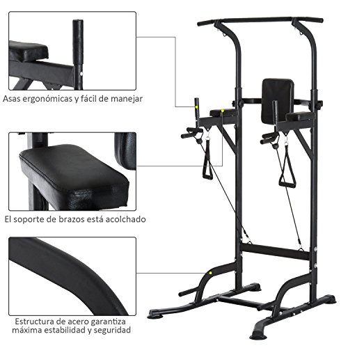 HOMCOM Power Tower Máquina de Musculación Multiestación 5 en 1 Ejercicios Dip Pull-up Flexiones y Abdominales 124x86x172-224cm Marco de Acero y Carga 120kg