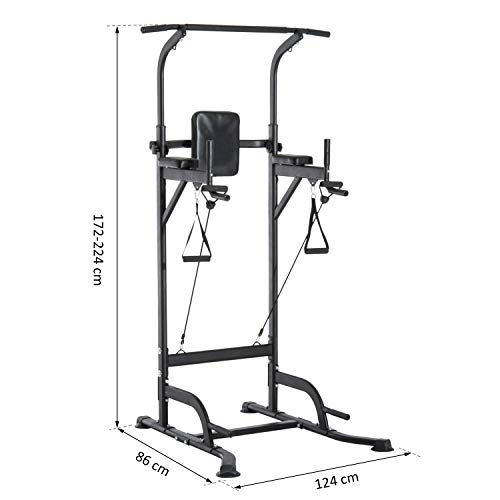 HOMCOM Power Tower Máquina de Musculación Multiestación 5 en 1 Ejercicios Dip Pull-up Flexiones y Abdominales 124x86x172-224cm Marco de Acero y Carga 120kg