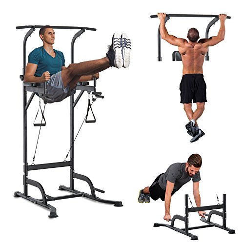 HOMCOM Power Tower Máquina de Musculación Multiestación 5 en 1 Ejercicios Dip Pull-up Flexiones y Abdominales 124x86x172-224cm Marco de Acero y Carga 120kg