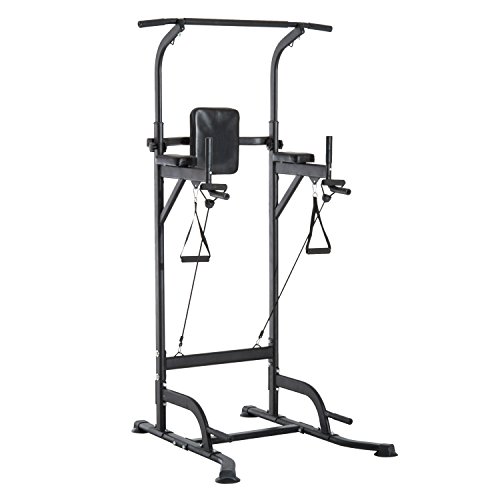 HOMCOM Power Tower Máquina de Musculación Multiestación 5 en 1 Ejercicios Dip Pull-up Flexiones y Abdominales 124x86x172-224cm Marco de Acero y Carga 120kg