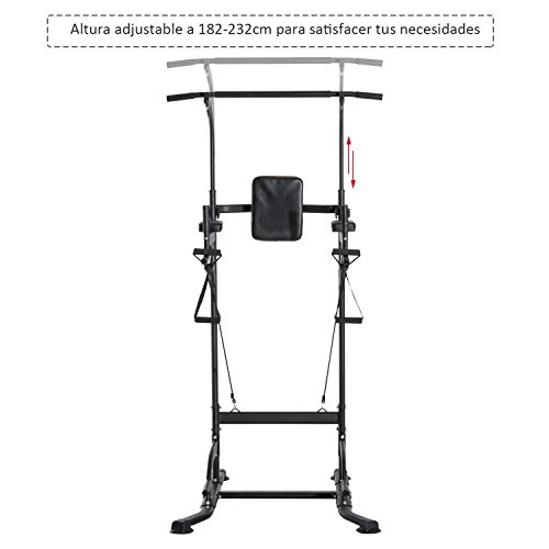 HOMCOM Power Tower Máquina de Musculación Multiestación 5 en 1 Ejercicios Dip Pull-up Flexiones y Abdominales 124x86x172-224cm Marco de Acero y Carga 120kg