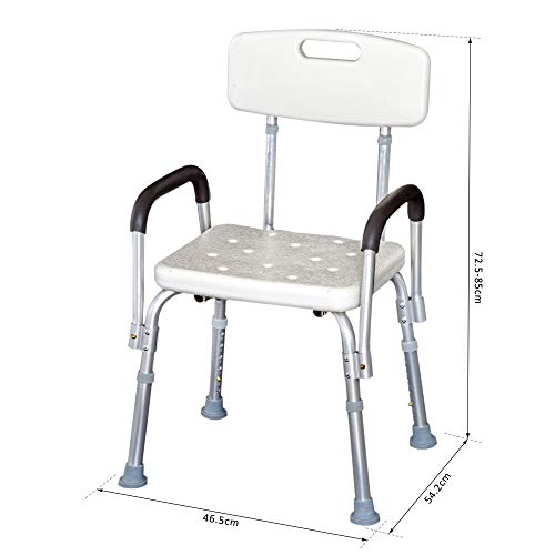 HOMCOM Silla de Ducha Altura Regulable con Respaldo y Apoyabrazos aguanta hasta 135 Kg