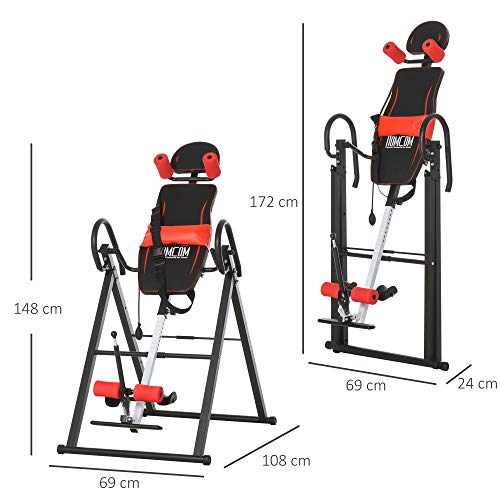 HOMCOM Tabla de Inversión Gravitacional Plegable Acolchada con Cinturón de Seguridad Regulable en Altura para Usuarios de 130-190cm Ejercicio y Alivio de Dolores de Espalda Carga Máxima 150 kg