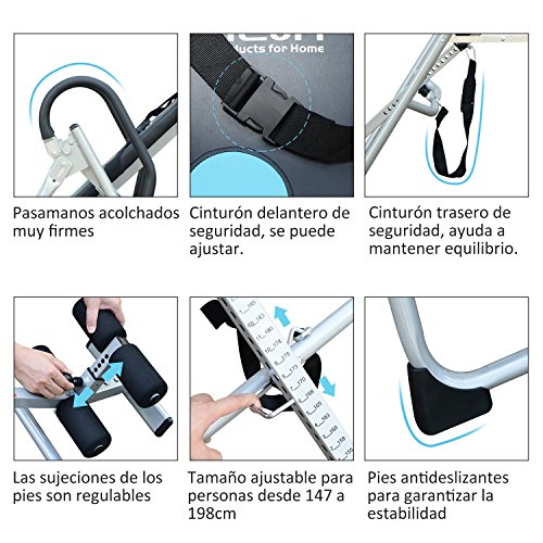 HOMCOM Tabla de Inversión Gravitacional Plegable con Altura Ajustable a 147-198cm y Cinturón de Seguridad Carga 136kg Material de Acero