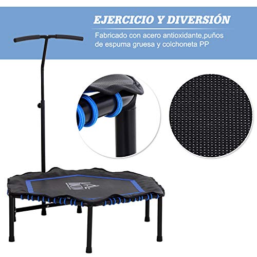 HOMCOM Trampolín Profesional Cama Elástica Multifuncional Hexagonal para Entrenamiento de Fuerza 122/130/138cm Manillar Regulable 3 Niveles Altura Azul