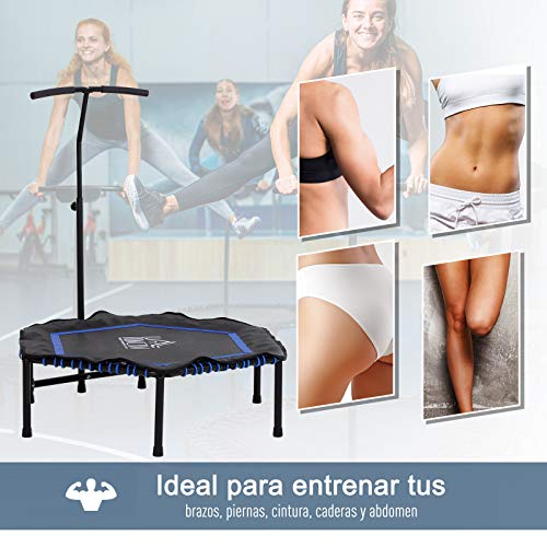 HOMCOM Trampolín Profesional Cama Elástica Multifuncional Hexagonal para Entrenamiento de Fuerza 122/130/138cm Manillar Regulable 3 Niveles Altura Azul