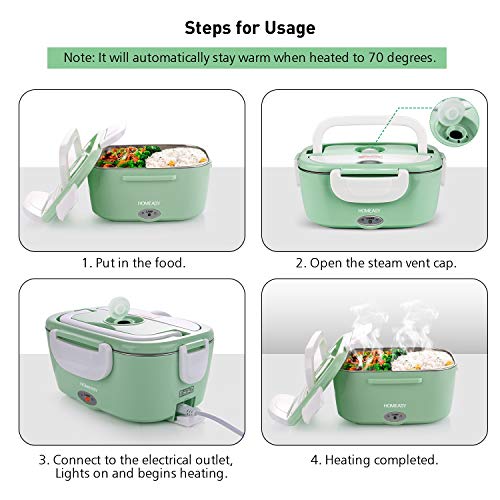 homeasy Fiambrera Eléctrica 2 en 1, Calentadores Eléctricos Portátiles para Coche y Trabajo 220V & 12V, 1.5L Termo para Comida de Acero Inoxidable, Pefecto para el Hogar y Oficina(Verde Pastel)