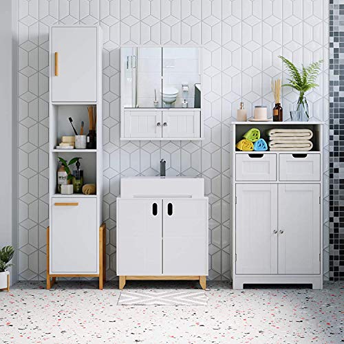 HOMECHO Armario de Baño con Espejo Armario de Pared de Gran Capacidad de Almacenamiento para Baño Cocina Medicina de MDF Blanco 55 x 17.5 x 60 cm