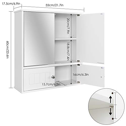 HOMECHO Armario de Baño con Espejo Armario de Pared de Gran Capacidad de Almacenamiento para Baño Cocina Medicina de MDF Blanco 55 x 17.5 x 60 cm