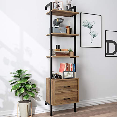 HOMECHO Estantería para Escalera de Pared con 2 Cajones de Tela Librería Industrial de pie con 3 Estantes para Salón Oficina Dormitorio Entrada Marrón 48x30x184 cm