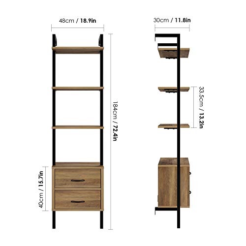 HOMECHO Estantería para Escalera de Pared con 2 Cajones de Tela Librería Industrial de pie con 3 Estantes para Salón Oficina Dormitorio Entrada Marrón 48x30x184 cm